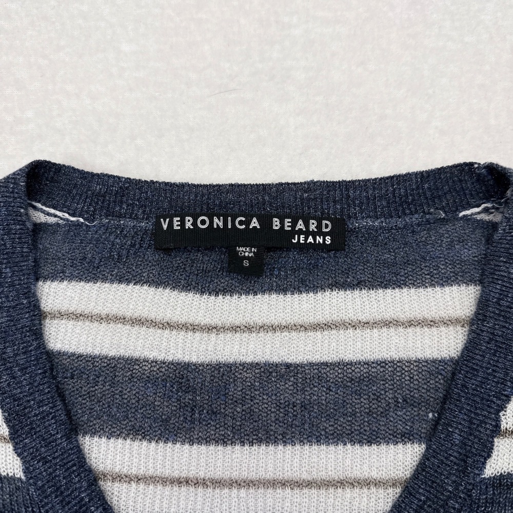 Veronica Beard Sweater Size Small Blue‎ Striped Linen Blend V Neck Thin Knit - Picture 4 of 8
